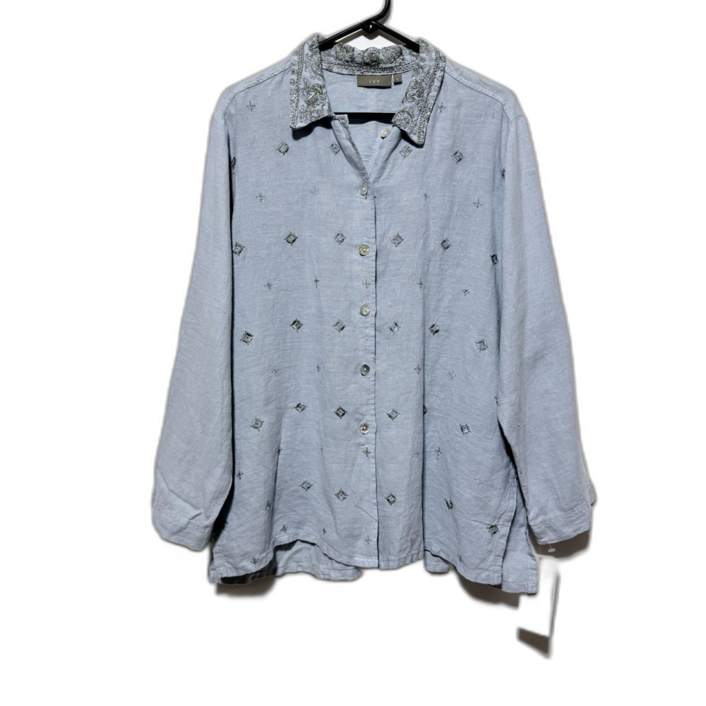 IVY 100% Linen Embroidered Button Front Shirt Women’s Large Light Blue